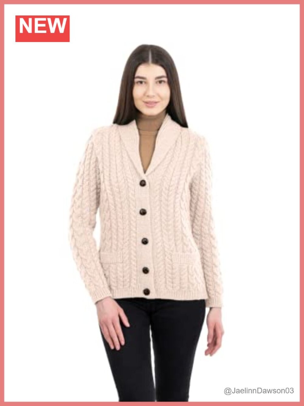 Shawl Neck Aran Cardigan 100% Merino Wool Buttoned V-Neck Sweater